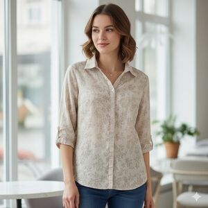 Alia Women's Floral Beige Button Down Shirt Size 14